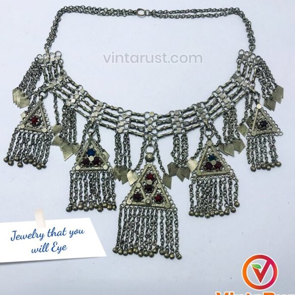 Silver Kuchi Vintage five Dangling Pendants Necklace, Nomadic Gypsy - Picture 6 of 10